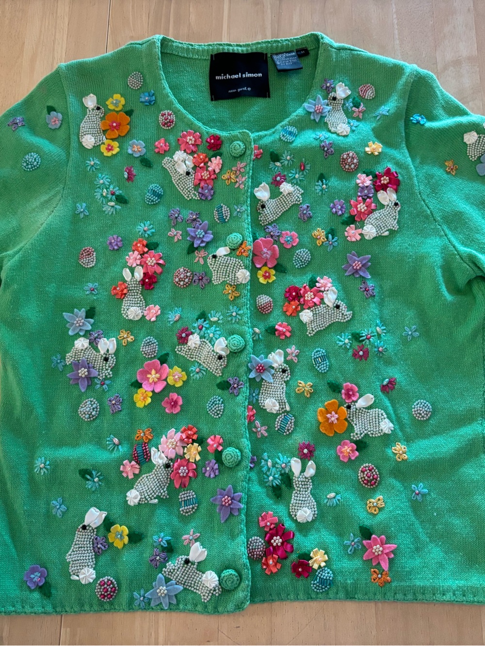 Vintage Michael Simon short sleeve green Cardigan Floral Bunnies size small - Picture 1 of 10